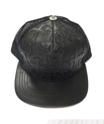 Chrome Hearts Cemetery Cross Leather Stitched Trucker Hat – Black